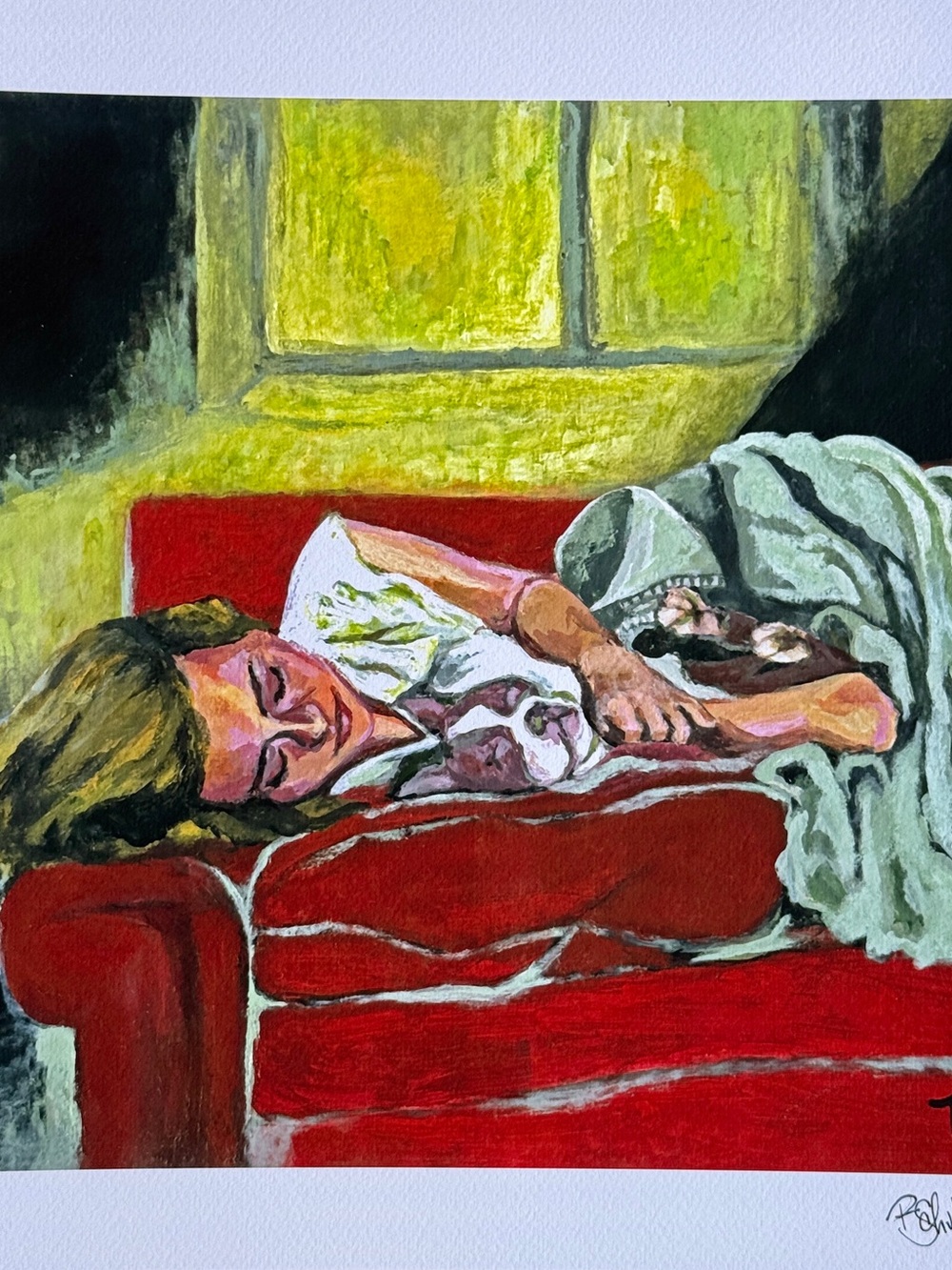 Fine Art Print measuring 12x12 unframed, Woman Reclining on Red Sofa